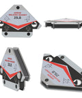 Heavy duty welding magnets in arrow shape for precise angles, 25 lb grip, four-pack for metal fabrication and alignment.