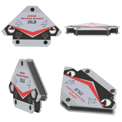 Heavy duty welding magnets in arrow shape for precise angles, 25 lb grip, four-pack for metal fabrication and alignment.