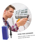 Technician using Electric Tube Expander With Hexagonal Handle For HVAC Copper Pipes, hose expander and packaging visible.