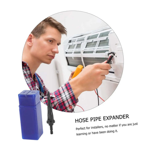 Technician using Electric Tube Expander With Hexagonal Handle For HVAC Copper Pipes, hose expander and packaging visible.