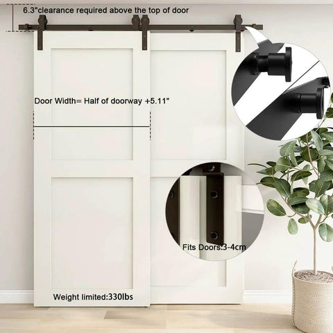 Sliding Barn Door Hardware Kit For Double Wooden Doors, 6FT Single Track System, Easy To Install, in use showing white doors