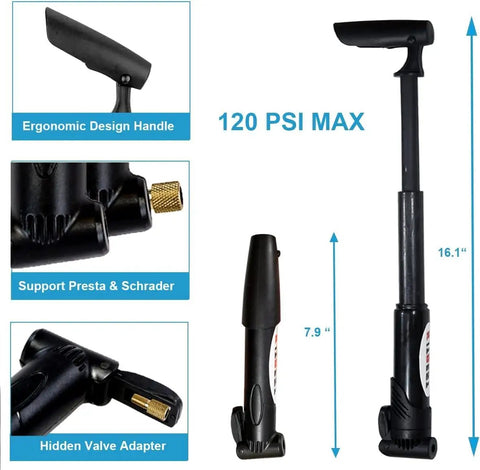 All In One Bike Repair Kit With Mini Pump 120 PSI support Presta Schrader valve ergonomic handle