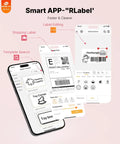 4x6 Bluetooth Thermal Label Printer For Shipping Labels And Small Business Use Wireless Printing For Packages At Home Or Office Compatible With iPhone Android iPad MacOS Windows Via Bluetooth Or USB No Ink Pink shown with mobile app interface for label editing and template search.