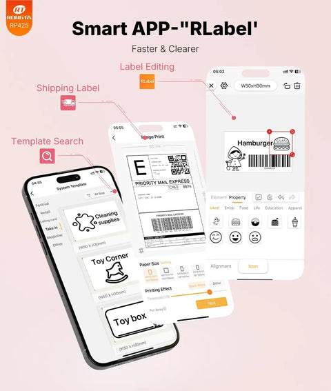4x6 Bluetooth Thermal Label Printer For Shipping Labels And Small Business Use Wireless Printing For Packages At Home Or Office Compatible With iPhone Android iPad MacOS Windows Via Bluetooth Or USB No Ink Pink shown with mobile app interface for label editing and template search.
