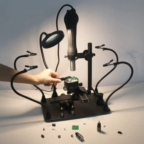Helping Hands Soldering Third Hand 2 In 1 Solder Work Station With XYZ Axis Microscope, magnifier lamp, hands working on PCB