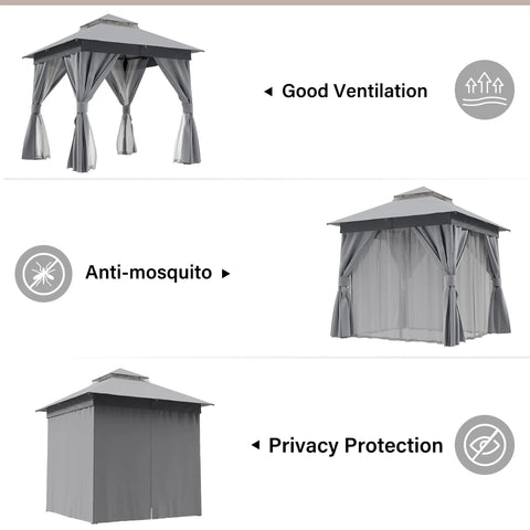 Heavy Duty 8x8 Patio Gazebo For Backyard Hangouts with mosquito netting and privacy screens, gray outdoor shelter with double roof.