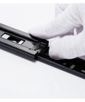 Close-up of a gloved hand adjusting Set Of 2 Dope Quiet Drawer Slides For 8 To 20 Inch Drawers, 45mm Track Width, three-section rail system.