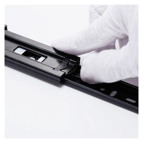 Close-up of a gloved hand adjusting Set Of 2 Dope Quiet Drawer Slides For 8 To 20 Inch Drawers, 45mm Track Width, three-section rail system.