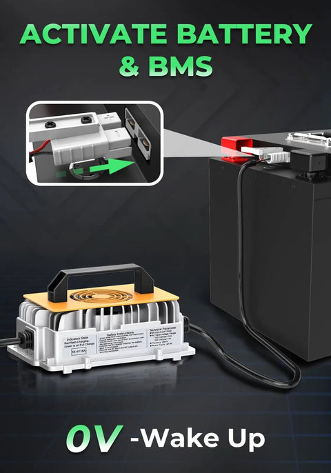 58.4V 18A Smart Battery Charger For 48V LiFePO4 Systems connecting to battery for activation with BMS wake-up function.