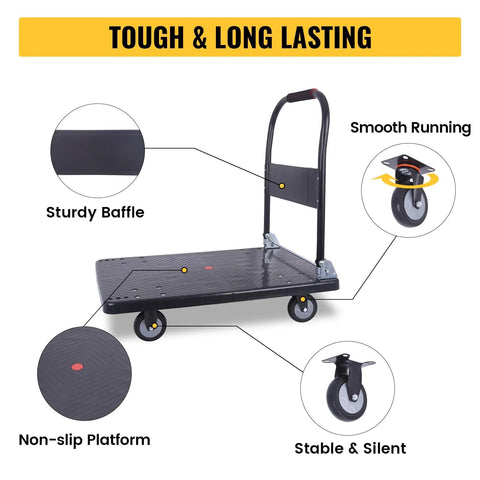 Foldable Heavy Duty Push Cart Dolly with 660 lb capacity and swivel wheels, sturdy baffle and non-slip platform, ideal for home or warehouse use.