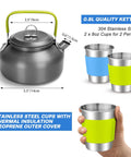 0.8L kettle and stainless steel cups from 15 Piece All In One Camping Cookware Mess Kit With Nonstick Pots And Pans Kettle Stainless Steel Cups Plates And Utensils Lightweight Outdoor Cooking Gear For Camping Backpacking Picnics.