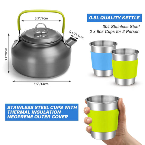 0.8L kettle and stainless steel cups from 15 Piece All In One Camping Cookware Mess Kit With Nonstick Pots And Pans Kettle Stainless Steel Cups Plates And Utensils Lightweight Outdoor Cooking Gear For Camping Backpacking Picnics.