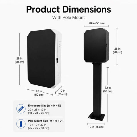 Product dimensions of Heavy Duty Weatherproof Ev Charger Storage Box With Combination Lock Galvanized Steel and pole mount.