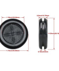 Eight Pack One And A Half Inch Drill Hole Rubber Grommets Black Double Sided Cable Plugs Front and Side View, Measurements Shown