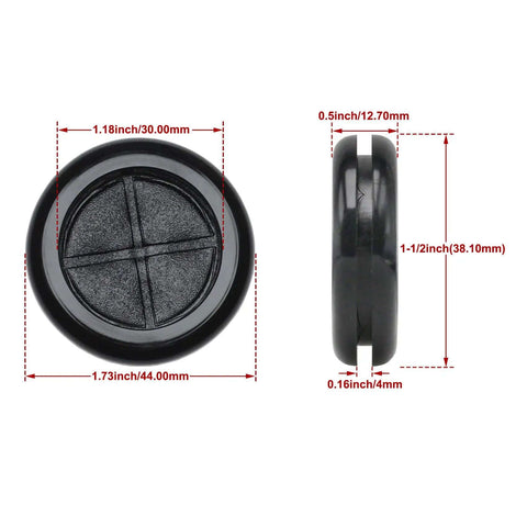 Eight Pack One And A Half Inch Drill Hole Rubber Grommets Black Double Sided Cable Plugs Front and Side View, Measurements Shown