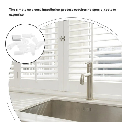 Plantation Shutter Repair Kit with 0.6 Inch Replacement Pins for Blinds features white pins and metal staples for easy installation.