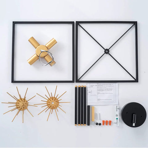 Gold Flush Mount Ceiling Light, Modern Brass Sputnik Starburst Fixture components displayed for assembly.