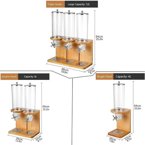 Tri Head Cereal And Candy Dispenser With Smooth Pour Spout For Fresh Coffee Beans And Nut Storage countertop organizer display with dimensions.