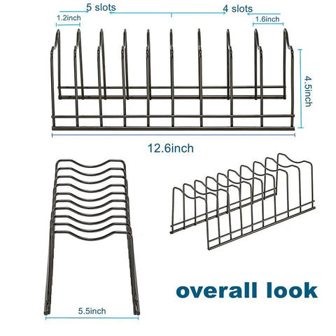 Super Sturdy Stainless Steel Pot Lid Organizer And Cutting Board Rack 12.6x5.5x4.5in with multiple slots for organizing.
