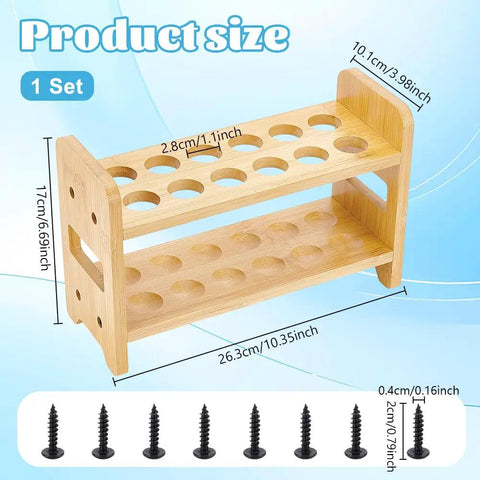 12 Hole Test Tube Rack Made From Bamboo Wood Lab Stand For Chemistry Classrooms And Experiments, dimensions and screws shown