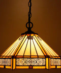 Lit Tiffany Style Pendant Light Hardwired Yellow Hexagon Stained Glass 12 Inch Mission Hanging Lamp S011 Series, glowing warmly
