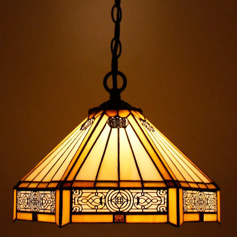 Lit Tiffany Style Pendant Light Hardwired Yellow Hexagon Stained Glass 12 Inch Mission Hanging Lamp S011 Series, glowing warmly