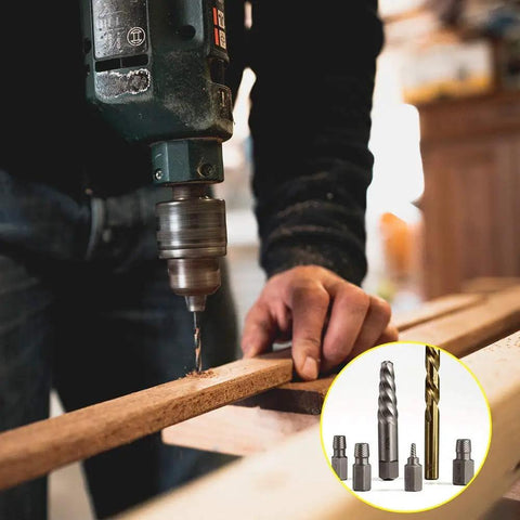 Person using drill with 35 Piece Screw Extractor Set With Left Hand Drill Bits and Multi Spline Extractors for Removing Broken Bolts and Stripped Screws, Easy Out Kit With Reverse Drill Bits For Quick No Nonsense Repairs shown in inset.