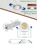 zouzai 2 Inch Gimbal LED Recessed Lights, 5CCT, 5W 550LM, White 4 Pack with installation dimensions and cutout size.