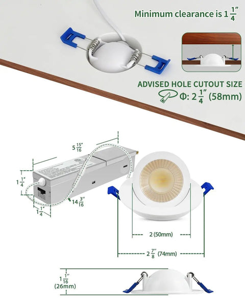 zouzai 2 Inch Gimbal LED Recessed Lights, 5CCT, 5W 550LM, White 4 Pack with installation dimensions and cutout size.