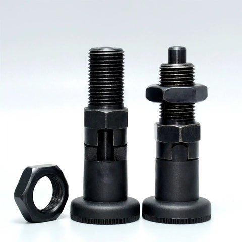 Top Tier Carbon Steel Indexing Plunger Pin With Fine Thread Knurled Grip Knob And Responsive Return Spring For Rock Solid Rest Position Locking In Industrial Workshop Gear, showing assembly with nut.