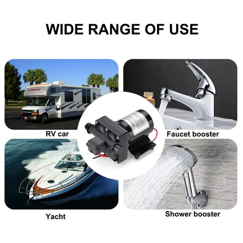 12V Diaphragm Water Pump With Self Priming Sprayer uses in RVs, faucets, yachts, showers; 4 Chamber DC Electric Pump
