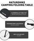 Close-up of YL01 Portable Camping Table with aluminum alloy top, snap-lock design, and anti-slip leg caps details.