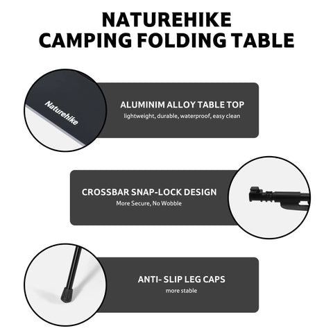 Close-up of YL01 Portable Camping Table with aluminum alloy top, snap-lock design, and anti-slip leg caps details.