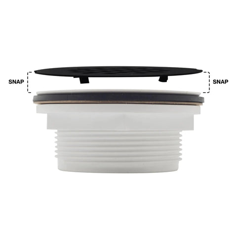 2 Inch No Caulk PVC Shower Drain With Compression Gasket And 4 And A Quarter Inch Round Grid Cover Matte Black Heavy Duty Plastic Drain Assembly Fits 2 Inch ABS Or PVC Pipes side view showing snap-on grid