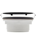 Heavy Duty No Caulk Shower Drain With Slick Polished Chrome Grate And Strong Compression Fit showing black grate above drain body.