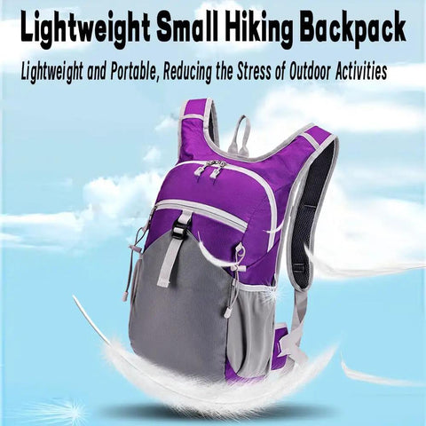Purple and gray lightweight small hiking backpack on a blue sky background.
