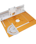Aluminum router table insert plate with orange base, white mounting block and adjustable protractor dial