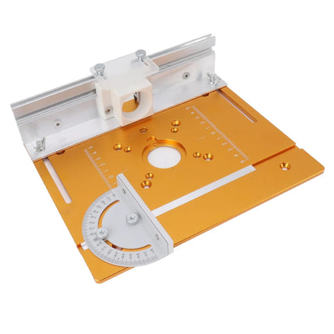 Aluminum router table insert plate with orange base, white mounting block and adjustable protractor dial