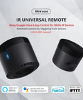 RM4 Mini Smart Infrared Remote Hub For 2.4GHz WiFi Control on a white background with Alexa and Google Assistant logos