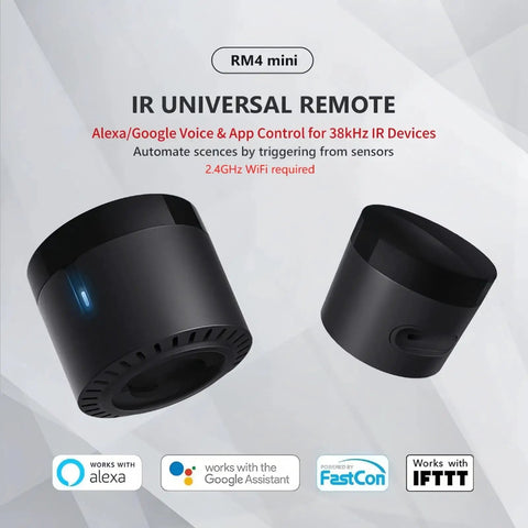 RM4 Mini Smart Infrared Remote Hub For 2.4GHz WiFi Control on a white background with Alexa and Google Assistant logos