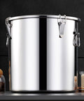 Premium Heavy Duty 304 Stainless Steel Airtight Grain Storage Bucket Keeps Rice Flour Sugar And Coffee Beans Fresh No Sweat Pantry Workhorse 26 Gallon Bulk Stash Canister close-up view with triple latches.