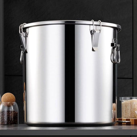 Premium Heavy Duty 304 Stainless Steel Airtight Grain Storage Bucket Keeps Rice Flour Sugar And Coffee Beans Fresh No Sweat Pantry Workhorse 26 Gallon Bulk Stash Canister close-up view with triple latches.