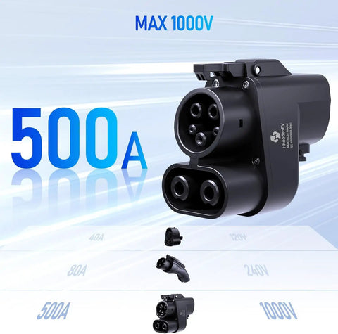 Nacs To Ccs1 Adapter For Tesla Superchargers Hella Fast Dc Charging At 500 Amps with multi-voltage markings and connectors.
