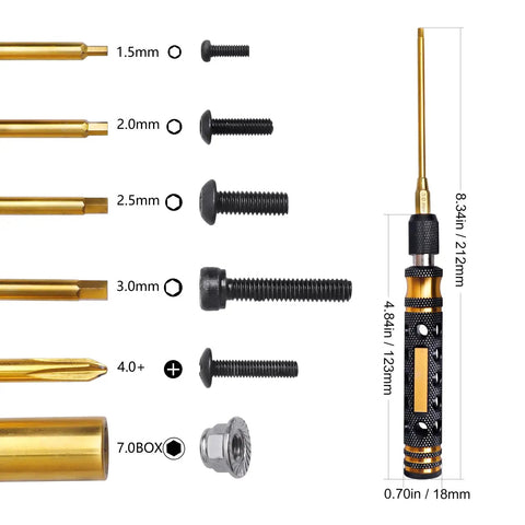 6 In 1 RC Tool Kit With Screwdriver Bits Allen Keys And Hex Nut Driver Built For Quick Tinkering on Traxxas TRX4 in case with dimensions