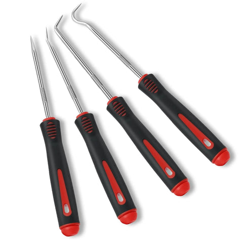 4-Piece Mechanic Pick Set With Soft Grip Handles for O Rings, Oil Seals, Gaskets, Electronics, and Auto Repair, on white background
