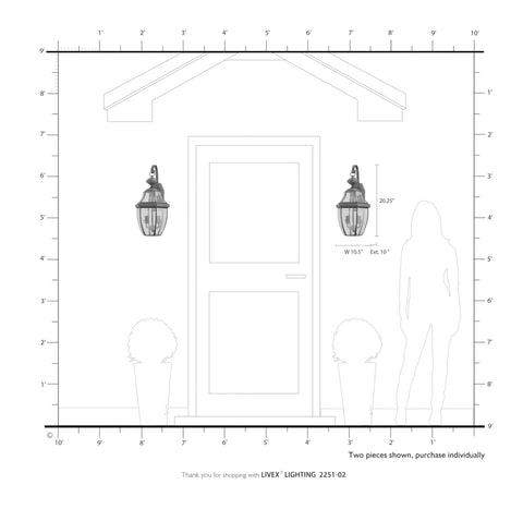 Diagram showing Monterey Two Light Outdoor Wall Lantern in Polished Brass Finish next to doorway with dimensions.