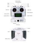 Front and back view of 2.4G AFHDS 2A RC Transmitter With Snappy Touchscreen 10 Channel Radio Controller For Quadcopters And Multirotors Bidirectional Data Link Rock Solid Low Power Draw Long Battery Life Includes iA6B Receiver Ideal For Hobby Drones.