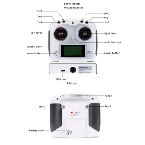 Front and back view of 2.4G AFHDS 2A RC Transmitter With Snappy Touchscreen 10 Channel Radio Controller For Quadcopters And Multirotors Bidirectional Data Link Rock Solid Low Power Draw Long Battery Life Includes iA6B Receiver Ideal For Hobby Drones.