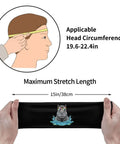 Person measuring head circumference and hands stretching a Sunglasses Inspired Sweatband Headband And Wristband Set For Workout And Sports Quick Dry Polyester Lightweight Breathable Fabric Keeps Forehead Or Wrists Dry Absorbs Sweat Fast Comfortable All Day Performance to 15 inches.