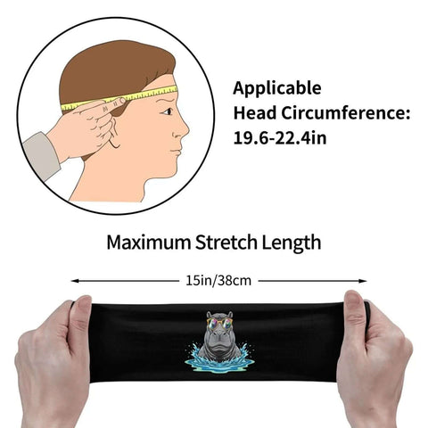Person measuring head circumference and hands stretching a Sunglasses Inspired Sweatband Headband And Wristband Set For Workout And Sports Quick Dry Polyester Lightweight Breathable Fabric Keeps Forehead Or Wrists Dry Absorbs Sweat Fast Comfortable All Day Performance to 15 inches.